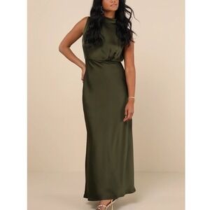 Lulus Olive Green Satin High‎ Neck Sleeveless Maxi Dress With Slits Size L